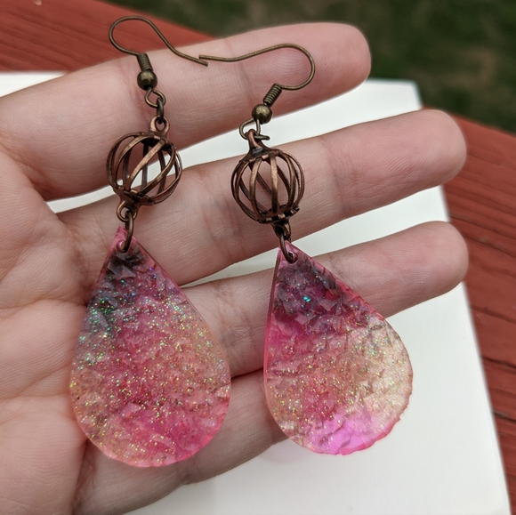 Sparkly Druzy Earrings Handmade Resin Glitter Cute Dangly Brass Unique Festival - Picture 6 of 10